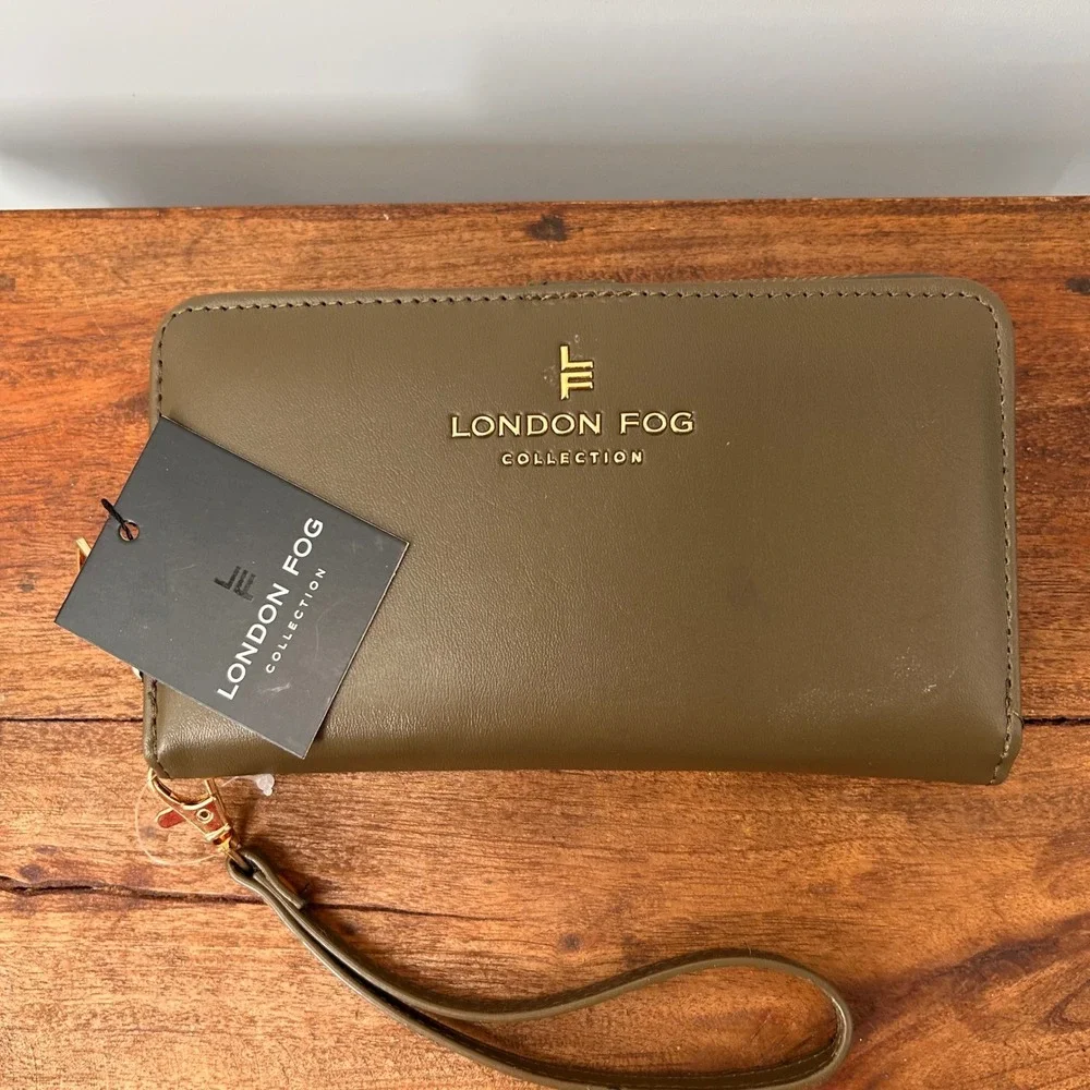 London Fog Collection Olive Green Wristlet Wallet Gold Tone Hardware NWT